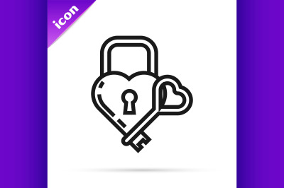 Black line Castle in the shape of a heart and key icon isolated on whi