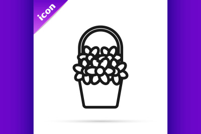 Black line Flowers in a basket icon isolated on white background.  Vec