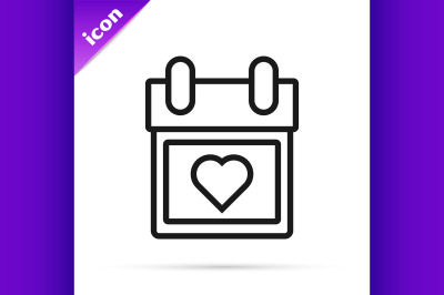 Black line Calendar with heart icon isolated on white background. Vale