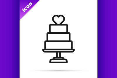 Black line Wedding cake with heart icon isolated on white background.