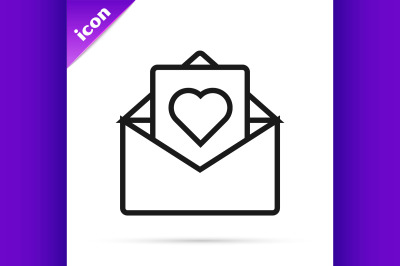 Black line Envelope with Valentine heart icon isolated on white backgr