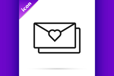 Black line Envelope with Valentine heart icon isolated on white backgr