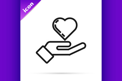 Black line Heart on hand icon isolated on white background. Hand givin