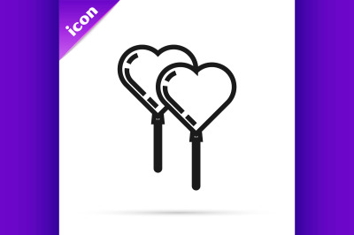 Black line Balloons in form of heart with ribbon icon isolated on whit