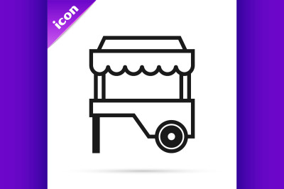 Black line Fast street food cart with awning icon isolated on white ba