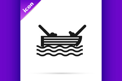 Black line Fishing boat with fishing rod on water icon isolated on whi