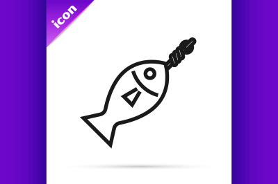 Black line Fish on hook icon isolated on white background.  Vector Ill