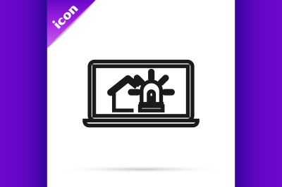 Black line Laptop with smart house and alarm icon isolated on white ba