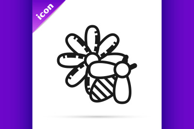 Black line Bee and flower icon isolated on white background. Sweet nat