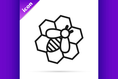 Black line Bee and honeycomb icon isolated on white background. Honey