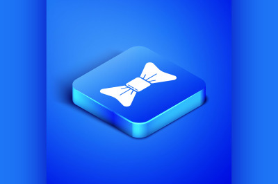 Isometric Bow tie icon isolated on blue background. Blue square button