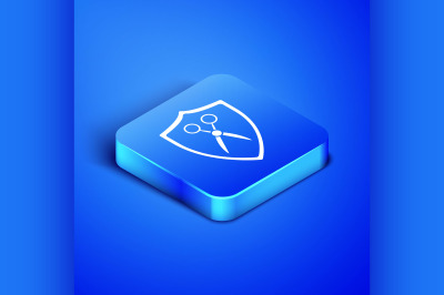 Isometric Scissors hairdresser and shield icon isolated on blue backgr