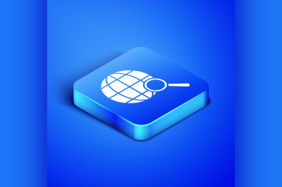 Isometric Magnifying glass with globe icon isolated on blue background