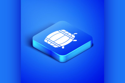 Isometric Wooden barrel on rack with stopcock icon isolated on blue ba