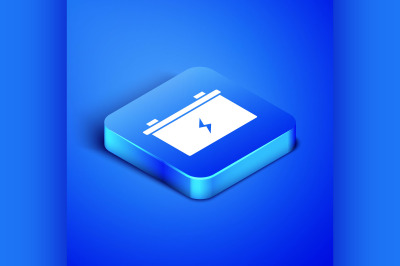 Isometric Car battery icon isolated on blue background. Accumulator ba