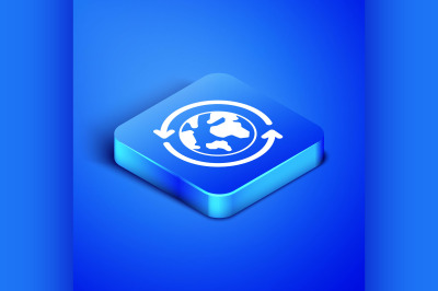 Isometric Planet earth and a recycling icon isolated on blue backgroun