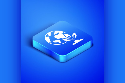 Isometric Earth globe and plant icon isolated on blue background. Worl