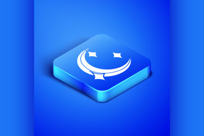Isometric Moon and stars icon isolated on blue background. Blue square