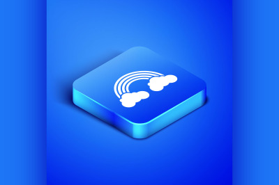 Isometric Rainbow with clouds icon isolated on blue background. Blue s