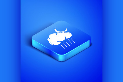 Isometric Cloud with rain and moon icon isolated on blue background. R