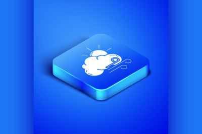 Isometric Windy weather icon isolated on blue background. Sun with clo