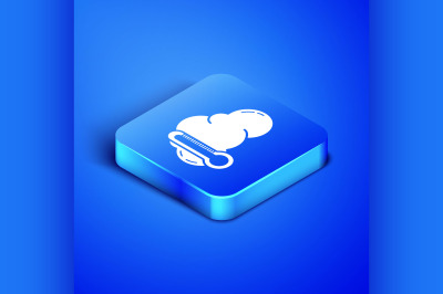 Isometric Thermometer and cloud icon isolated on blue background. Blue