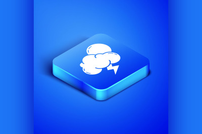 Isometric Storm icon isolated on blue background. Cloud with lightning