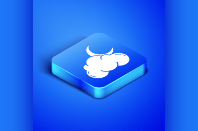 Isometric Cloud with moon and stars icon isolated on blue background.