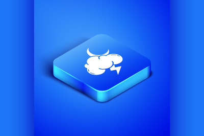 Isometric Storm icon isolated on blue background. Cloud with lightning