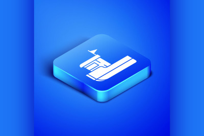 Isometric Fishing boat icon isolated on blue background. Blue square b