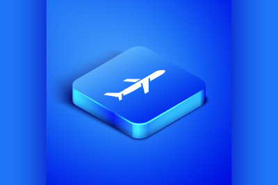 Isometric Plane icon isolated on blue background. Flying airplane icon