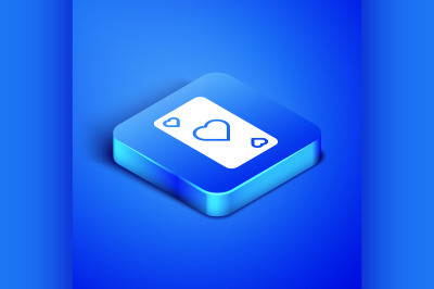 Isometric Playing card with heart symbol icon isolated on blue backgro