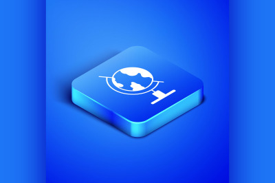 Isometric Earth globe icon isolated on blue background. Blue square bu