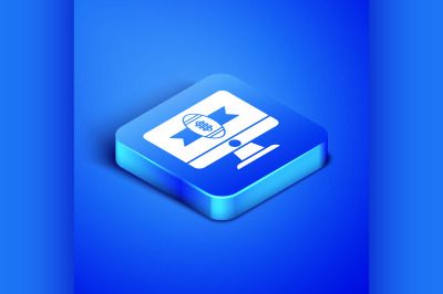 Isometric American football on tv program icon isolated on blue backgr