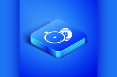 Isometric American Football ball and stopwatch icon isolated on blue b