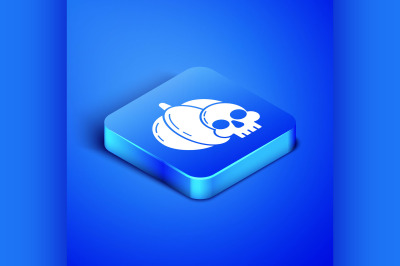 Isometric Pumpkin and skull icon isolated on blue background. Happy Ha