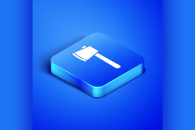 Isometric Wooden axe icon isolated on blue background. Lumberjack axe.