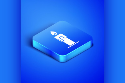 Isometric Burning candle icon isolated on blue background. Cylindrical