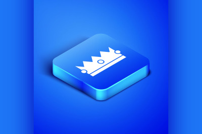 Isometric Crown icon isolated on blue background. Blue square button.