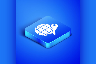 Isometric Globe key icon isolated on blue background. Blue square butt