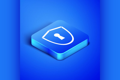 Isometric Shield with keyhole icon isolated on blue background. Protec