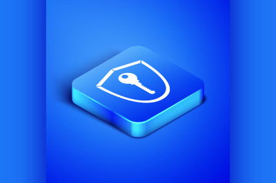 Isometric Shield with key icon isolated on blue background. Protection