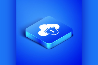 Isometric Cloud and shield icon isolated on blue background. Cloud sto