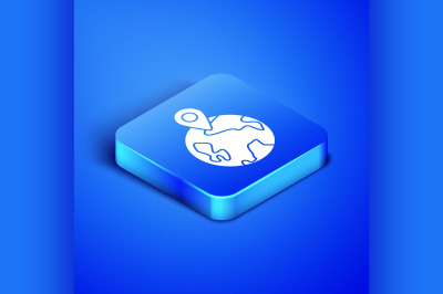 Isometric Worldwide icon isolated on blue background. Pin on globe. Bl