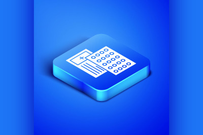 Isometric Pills in blister pack icon isolated on blue background. Medi