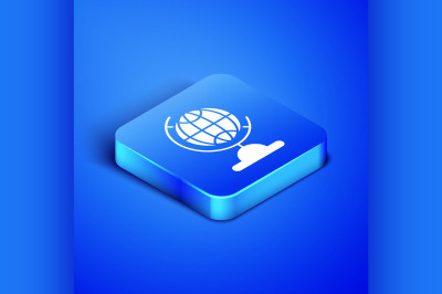 Isometric Earth globe icon isolated on blue background. Blue square bu