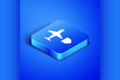 Isometric Plane with shield icon isolated on blue background. Flying a