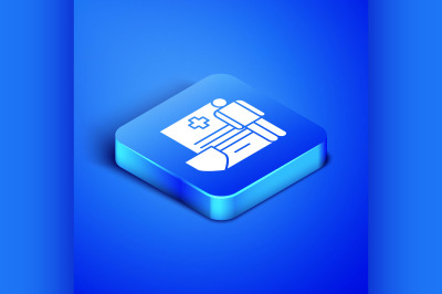 Isometric Medical clipboard with clinical record icon isolated on blue