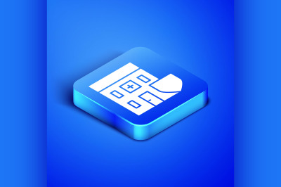 Isometric Medical hospital building with shield icon isolated on blue