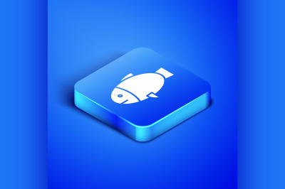 Isometric Fish icon isolated on blue background. Blue square button. V